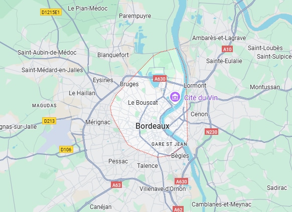 Carte détaillée de Bordeaux et sa rocade A630, avec les communes environnantes comme Mérignac, Lormont, et les points d'intérêt Cité du Vin, Gare St Jean.