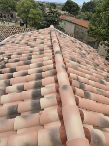 Toit en tuiles canal bicolores avec faîtage, dominant un village pittoresque et verdoyant.